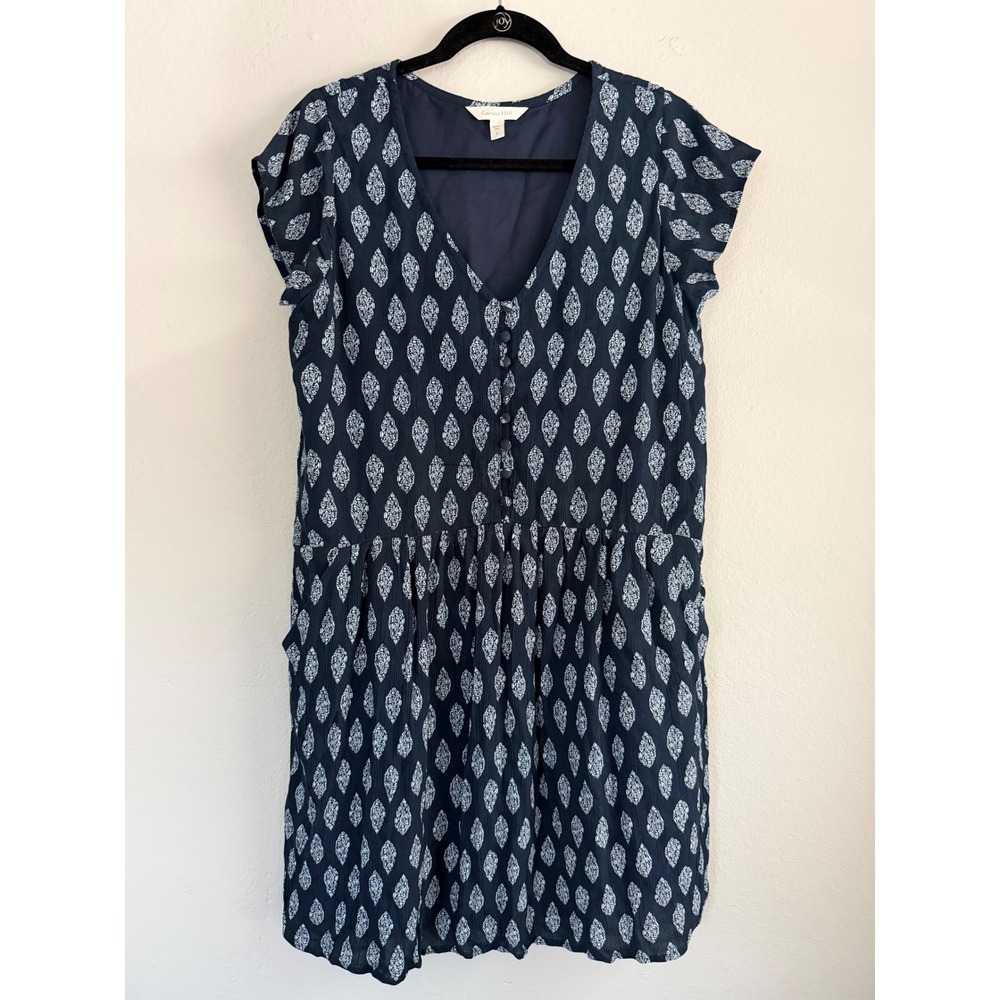 Garnet Hill Navy Blue White Leaf Print V-Neck Shift Dress Pockets size S